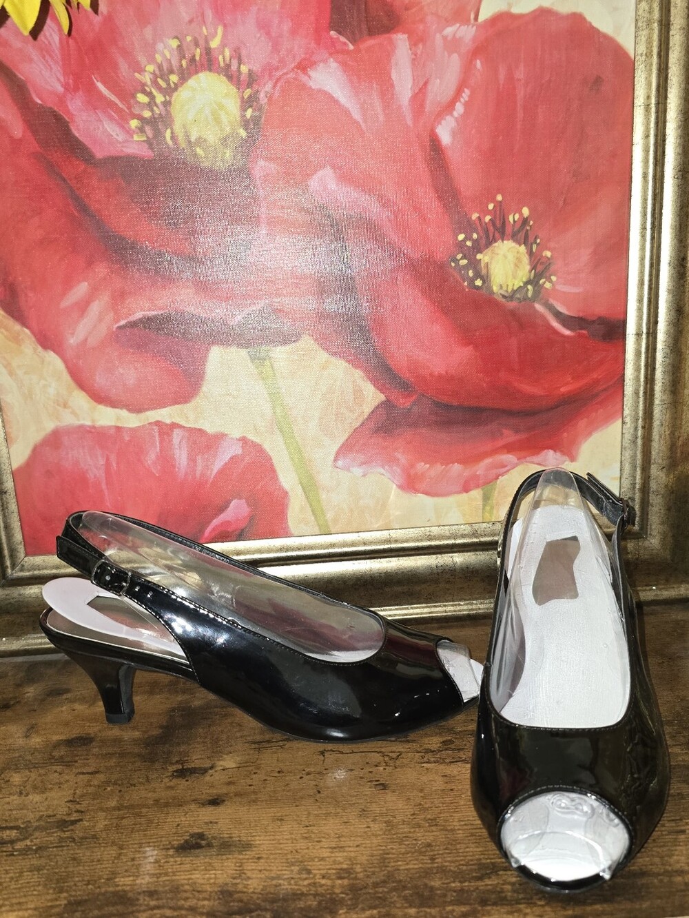 Classic Black Patent Peep-Toe Slingback Kitten Heels